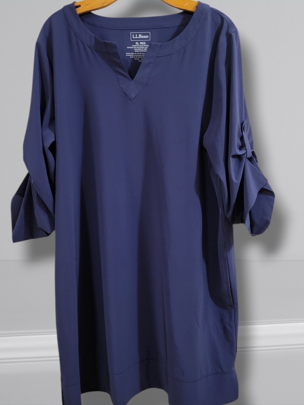 L.L. Bean Swim Cover Up Tunic Mini Dress XL Split Neck Navy Roll Tab Sleeve
